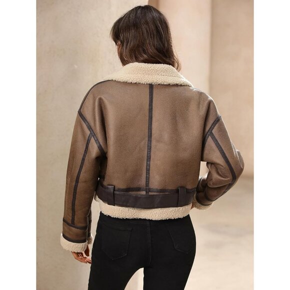 Women's Winter Faux Lamb Fur Leather Short Jacket Lapel Zipper Bomber Coat Camel - Picture 8 of 9